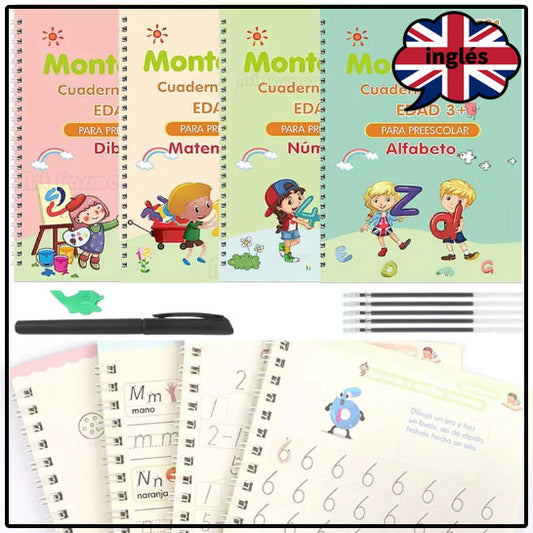 Cuadernos Mágicos Borrables Montessori® en inglés + 2 Rollos para colorear
